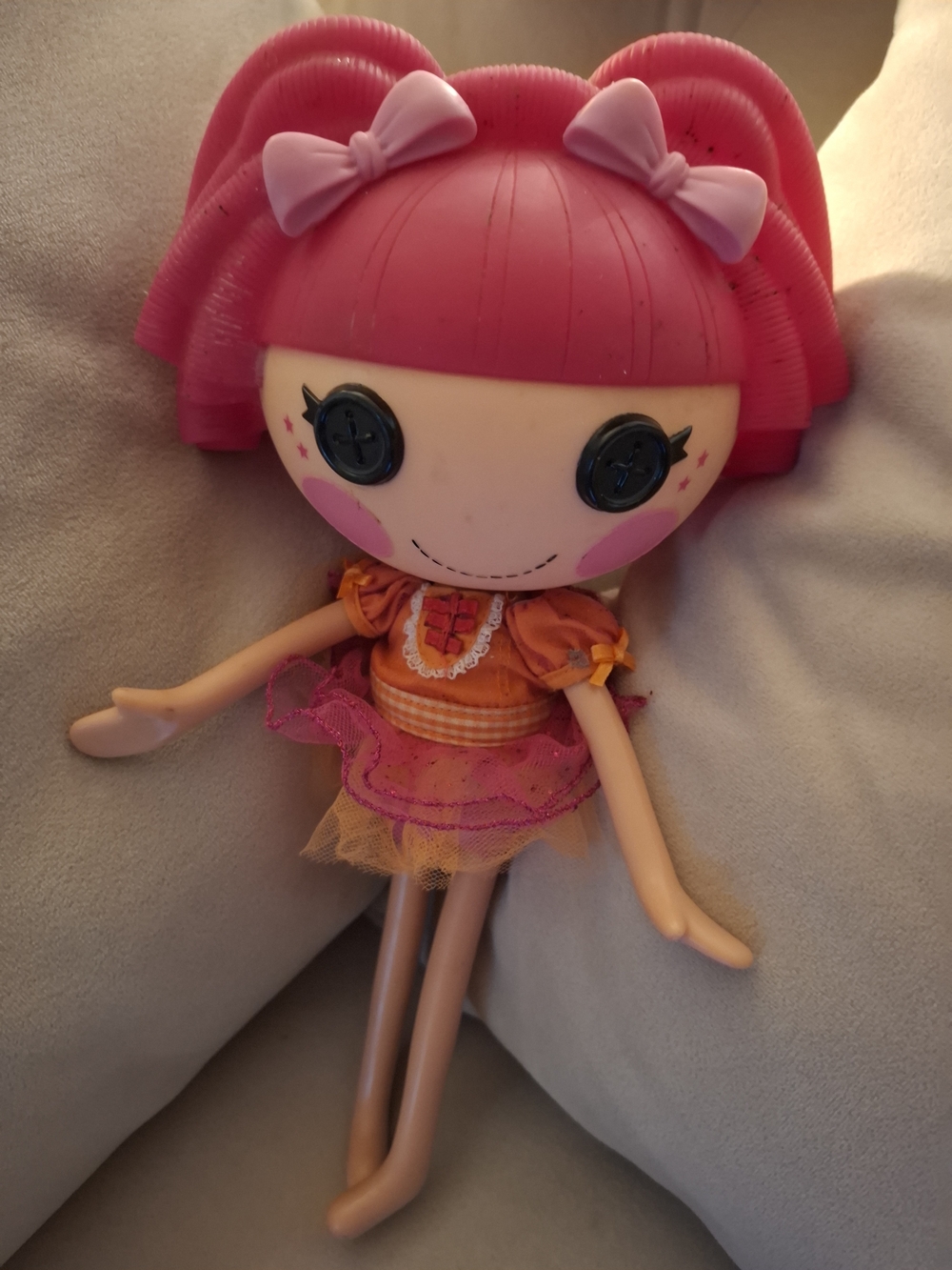 Pink-Haired Button-Eye Doll with Orange Dress